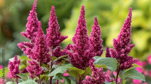 A close-up shot of amaranth flowers in bloom, their rich magenta and red petals standing out against a blurred green backdrop