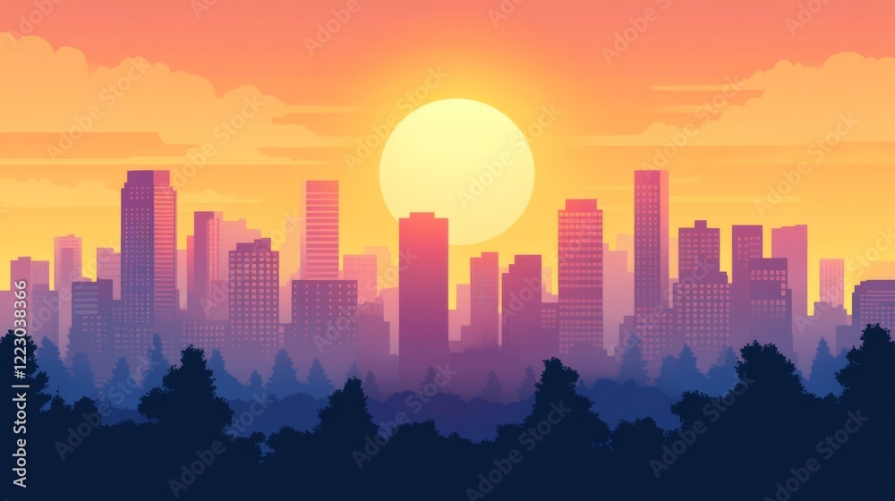 A tranquil image of a sunset casting warm hues over a city skyline, with tall buildings silhouetted against the colorful sky, creating a serene urban atmosphere A tranquil image of a sunset casting warm hues over a city skyline, with tall buildings silhouetted against the colorful sky, creating a serene urban atmosphere