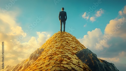 Businessman standing triumphantly on a mountain peak with a scenic landscape in the background, symbolizing success and adventure in nature photo