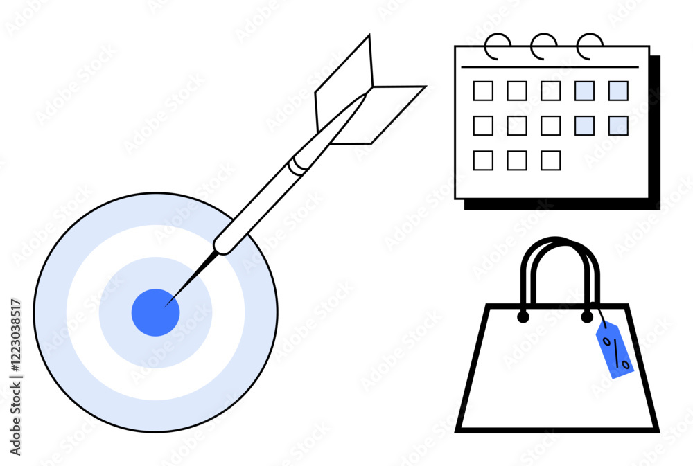 Target hit by an arrow, calendar with marked dates, shopping bag with tag. Ideal for business planning, goal setting, marketing strategies, productivity, time management, sales targets success Target hit by an arrow, calendar with marked dates, shopping bag with tag. Ideal for business planning, goal setting, marketing strategies, productivity, time management, sales targets success