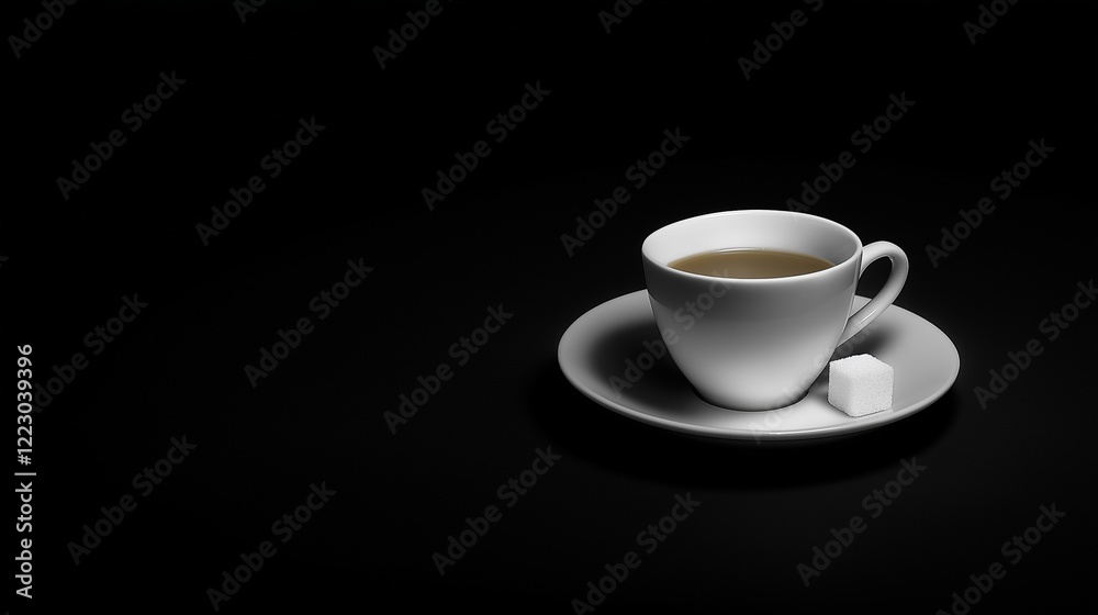 cup of coffee with single sugar cube placed on minimalist saucer with black background cup of coffee with single sugar cube placed on minimalist saucer with black background