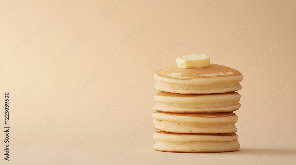 stack of fluffy pancakes with small pat of butter melting on top against minimal beige backdrop stack of fluffy pancakes with small pat of butter melting on top against minimal beige backdrop