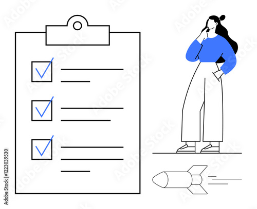 Woman with hand on chin stands thoughtfully next to a large checklist with blue checkmarks and a swiftly moving rocket. Ideal for productivity, planning, decision making, goal setting, management