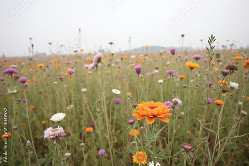 Field of wildflowers under overcast sky