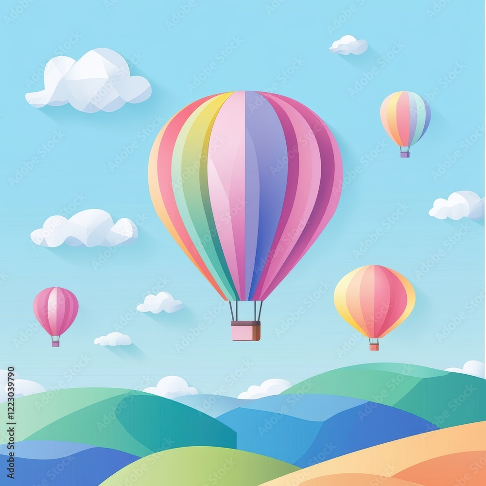 Obraz premium Hot air balloons flying over rolling green hills on a bright sunny day.