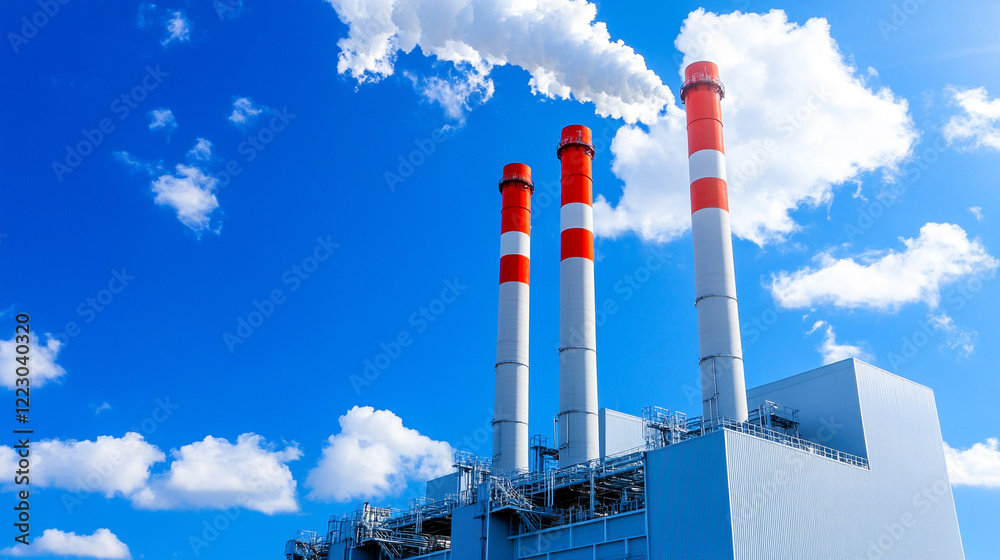 Industrial power plant with smoke stacks under a clear blue sky. Industrial power plant with smoke stacks under a clear blue sky.