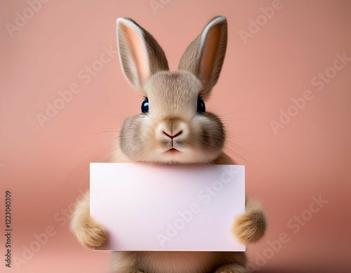 cute easter bunny holding blank white card on pastel background