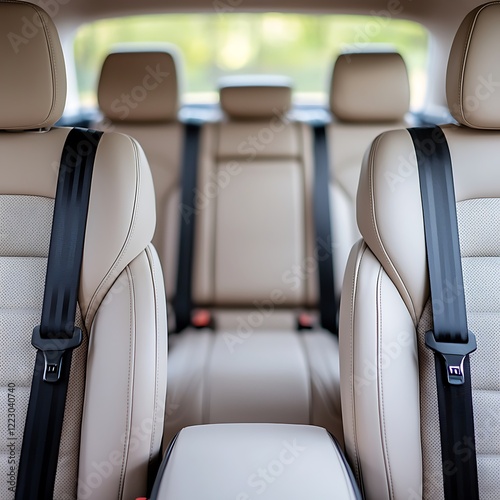 seat belt safety law Interior of a modern car showcasing beige leather seats and seatbelts. photo