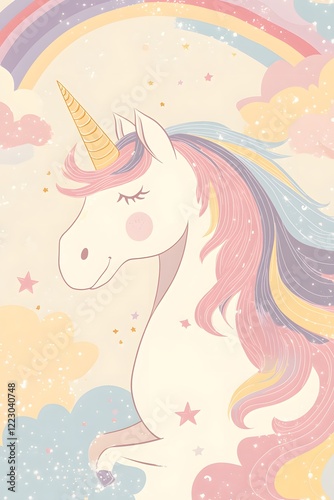 Wallpaper Mural Dreamy Unicorn in Rainbow Sky: A whimsical illustration of a serene unicorn with a flowing rainbow mane and horn, peacefully resting amidst pastel clouds and a vibrant rainbow. Torontodigital.ca