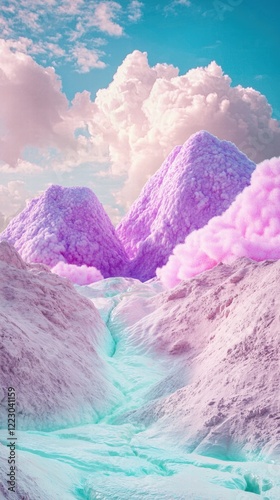 Cotton candy mountains with glowing streams and sugar clouds photo