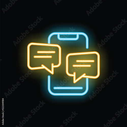 Neon sign representing a smartphone with two instant messages displayed on a black background
