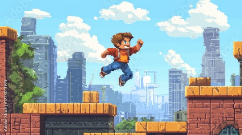 Retro pixel art game character jumping across urban rooftops