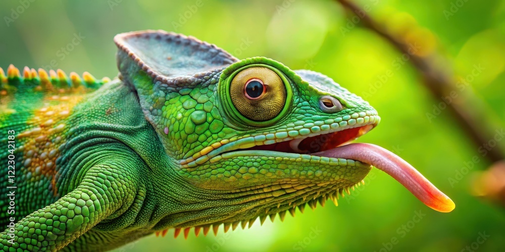 Fototapeta premium Large green chameleon with a long tongue sticking out of its mouth, chameleon, outdoors, chameleon, outdoors