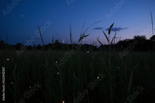 Meadow at dusk with fireflies in tall grass under a gradient sky