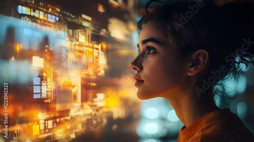 Woman Gazing at Futuristic Interface: A young woman's profile is illuminated against a vibrant backdrop of glowing digital data streams and interfaces.