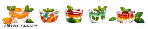 set of tasty vivid transparent jelly gelatin blancmange puddings in glass bowls decorated with fresh green mint leaves and orange slices  isolated on white background