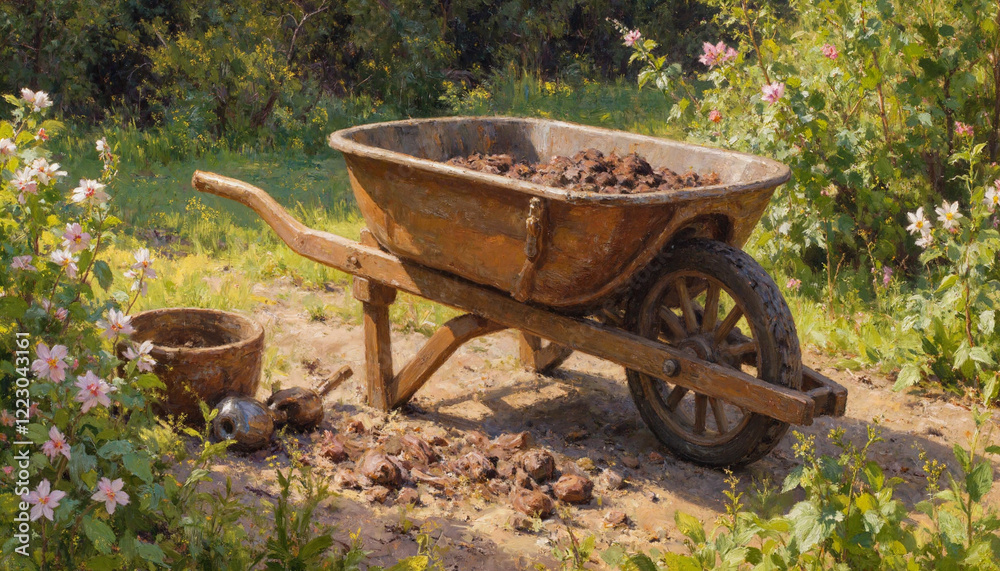 Wheelbarrow with soil in a garden surrounded by flowers Wheelbarrow with soil in a garden surrounded by flowers
