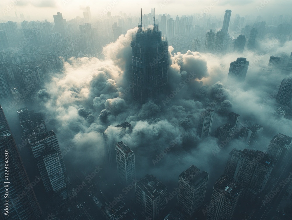 Fototapeta premium Surreal Cityscape of Crumbling Buildings Eclipsed by Smog and Clouds in an Atmospheric Dystopian Environment
