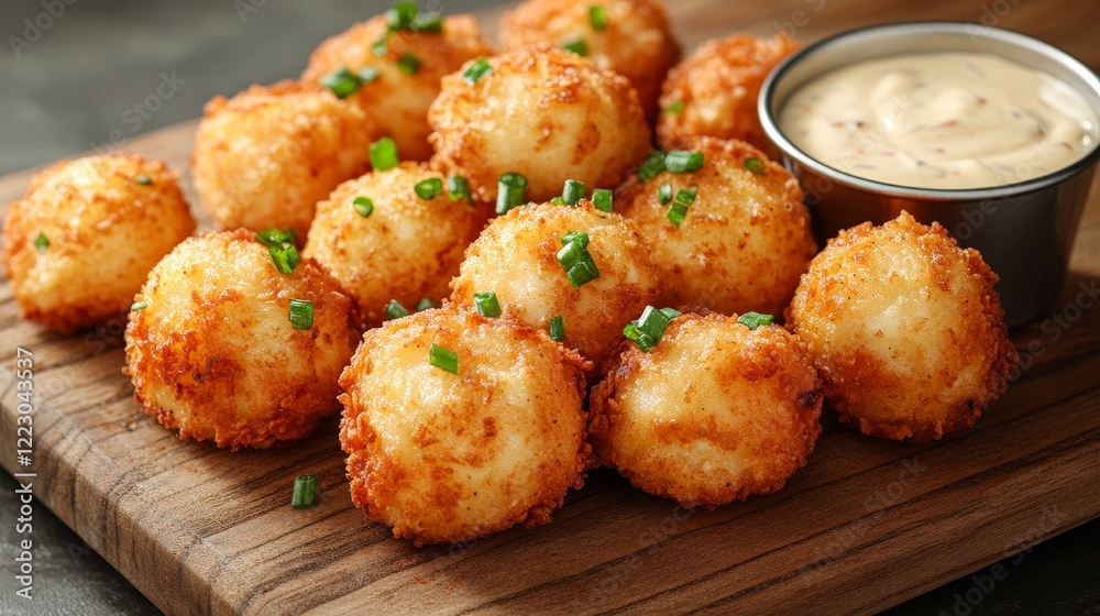 A platter of crispy, golden fried balls served with a creamy dipping sauce. A platter of crispy, golden fried balls served with a creamy dipping sauce.