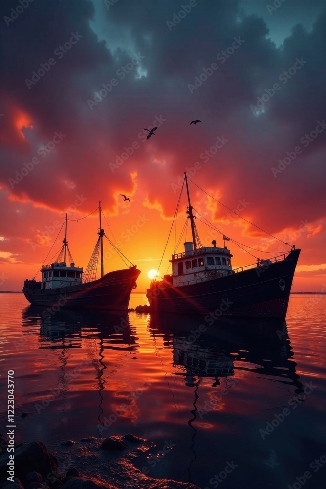 Serene Sunset Silhouette of Two Vessels Anchored in Calm Waters Serene Sunset Silhouette of Two Vessels Anchored in Calm Waters