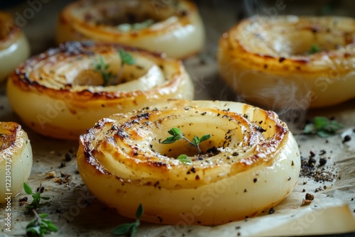 Deliciously roasted onion rings with fresh thyme: close-up of sizzling caramelized onions on baking sheet