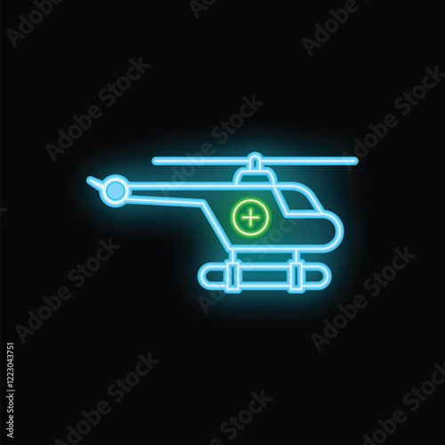 Bright neon icon of a medical helicopter delivering emergency first aid