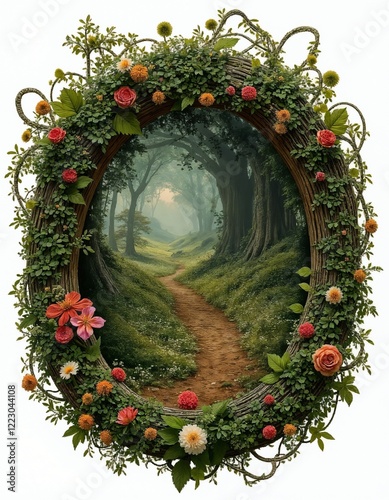 Enchanting Floral Wreath Framing Mystical Forest Path with Whimsical Light
