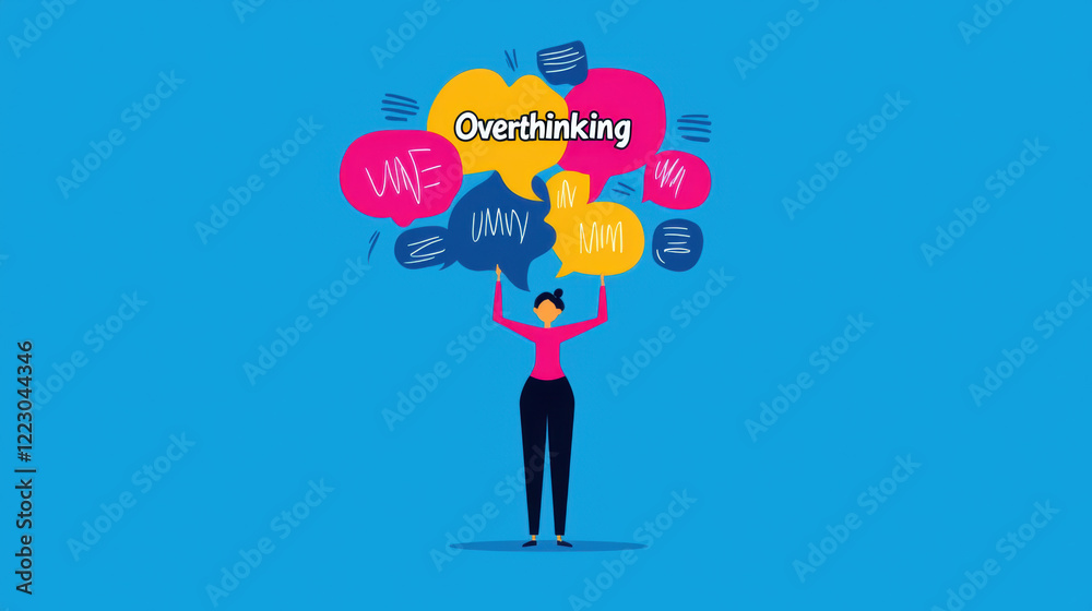 Mental Health Issues, flat illustration, A person is depicted amidst vibrant speech bubbles, showcasing high fidelity visuals suitable for creative projects and communication themes. Mental Health Issues, flat illustration, A person is depicted amidst vibrant speech bubbles, showcasing high fidelity visuals suitable for creative projects and communication themes.