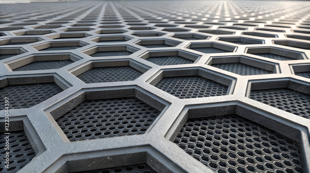 Obraz premium A close-up view of a perforated metal panel. The panel is composed of a repeating pattern of hexagonal shapes, creating a grid-like texture. The metal has a dark gray to black color, 