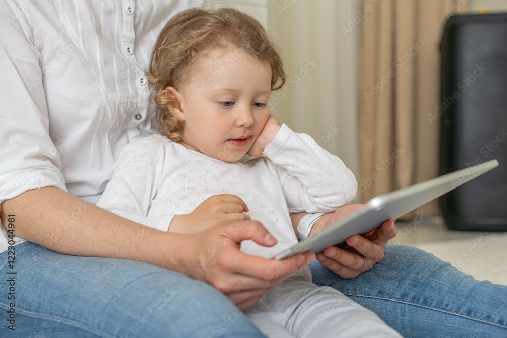 A young girl child with curly hair is sitting on her parent's lap, looking attentively at a tablet screen. The scene depicts a tender moment of learning and bonding in a cozy indoor setting.