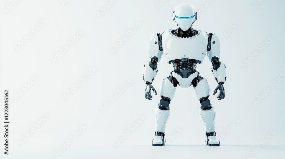 A full-body perspective of a humanoid robot with a streamlined appearance and articulated limbs, situated in a clean, minimalist tech studio A full-body perspective of a humanoid robot with a streamlined appearance and articulated limbs, situated in a clean, minimalist tech studio