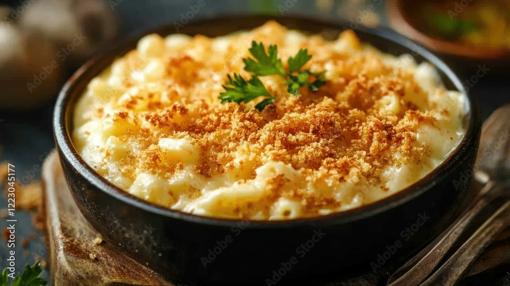 Creamy baked macaroni and cheese with golden breadcrumb topping in rustic bowl Creamy baked macaroni and cheese with golden breadcrumb topping in rustic bowl