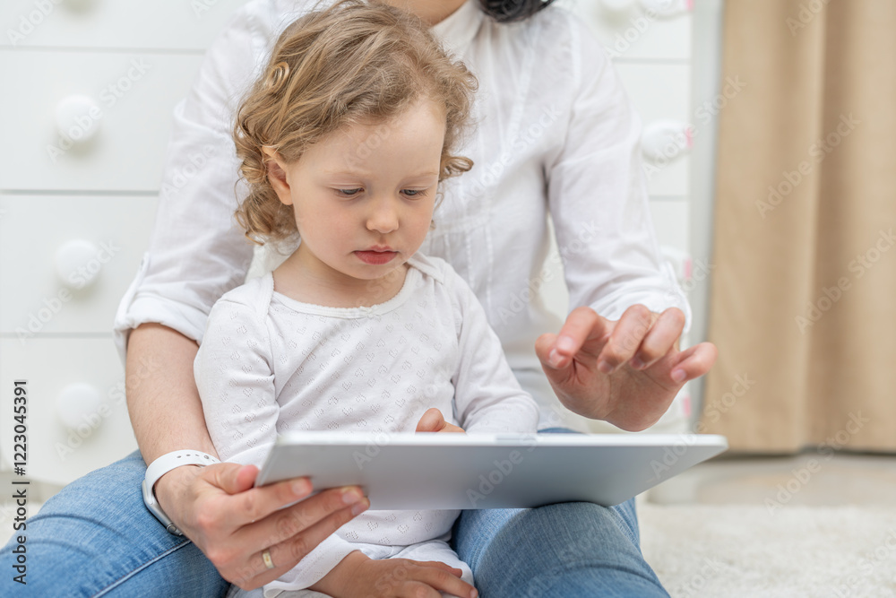 A young girl child with curly hair is sitting on her parent's lap, looking attentively at a tablet screen. The scene depicts a tender moment of learning and bonding in a cozy indoor setting.