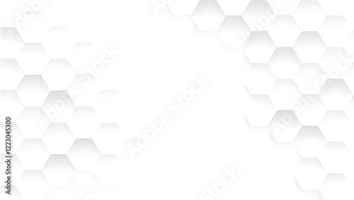 A repeating pattern of hexagonal shapes fills the image. The hexagons are light gray or white, with subtle, three-dimensional shading that creates a sense of depth and texture. The hexagons are arrang
