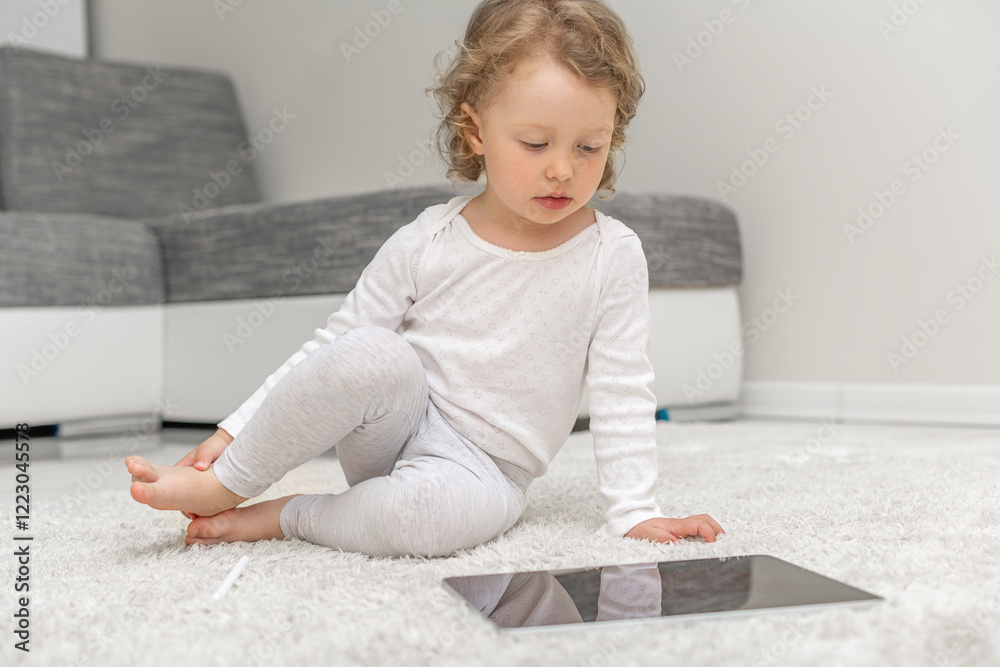 Little girl using a tablet in a cozy home environment. A small child playing with a tablet in a comfortable home setting.