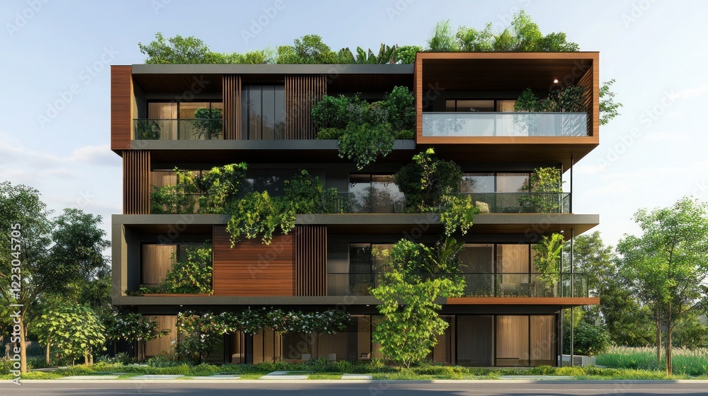 An eco-friendly architectural concept with a contemporary building facade with greenery sprouting on the balconies An eco-friendly architectural concept with a contemporary building facade with greenery sprouting on the balconies