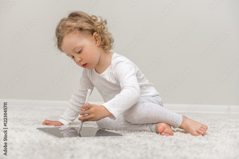 Little girl using a tablet in a cozy home environment. A small child playing with a tablet in a comfortable home setting.