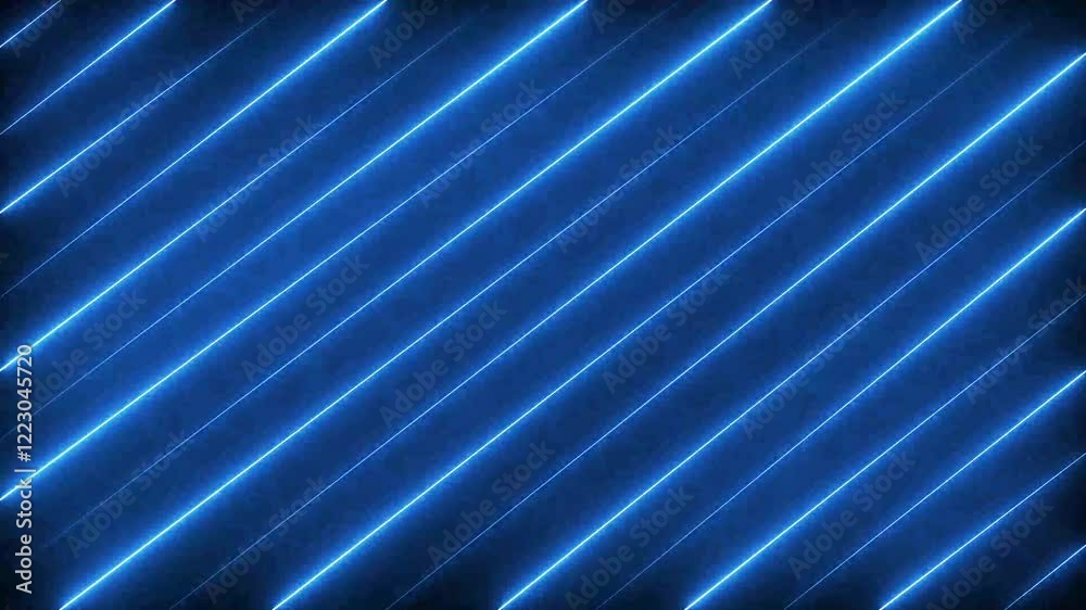 A looping 3D animation with an abstract blue neon background and linear frame, featuring simple geometric shapes and a blank rectangular banner, creating a futuristic, minimalistic atmosphere with smo