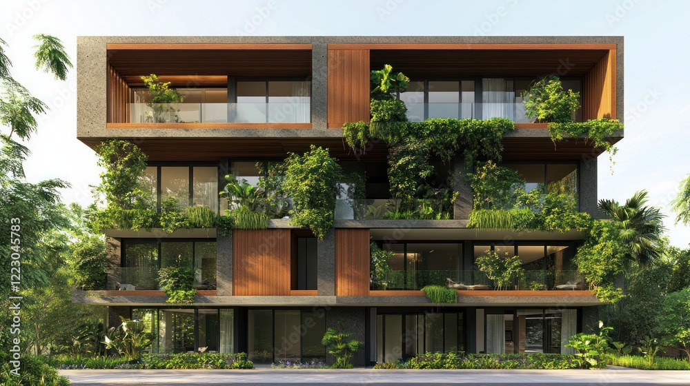An eco-friendly architectural concept with a contemporary building facade with greenery sprouting on the balconies An eco-friendly architectural concept with a contemporary building facade with greenery sprouting on the balconies