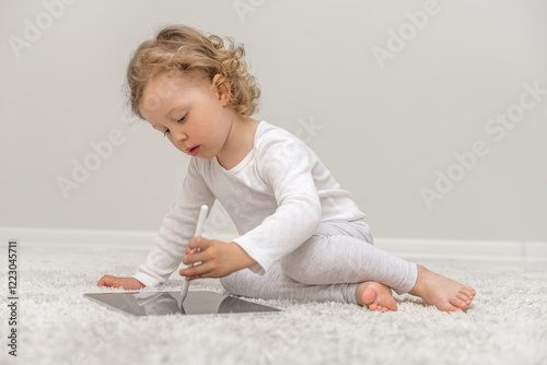Obraz na płótnie Little girl using a tablet in a cozy home environment. A small child playing with a tablet in a comfortable home setting. w salonie