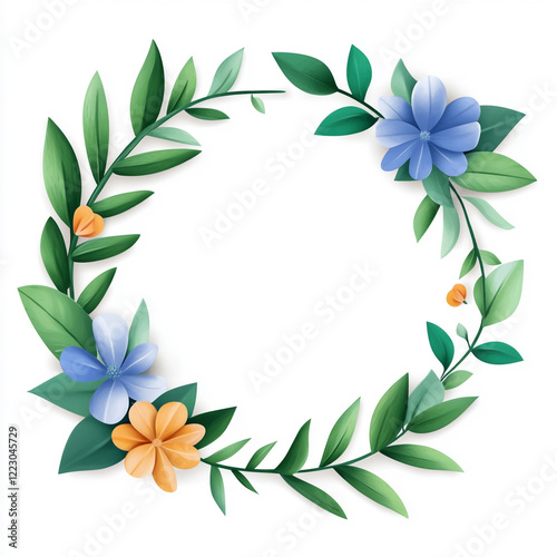 A vibrant floral wreath with colorful flowers and lush green leaves.