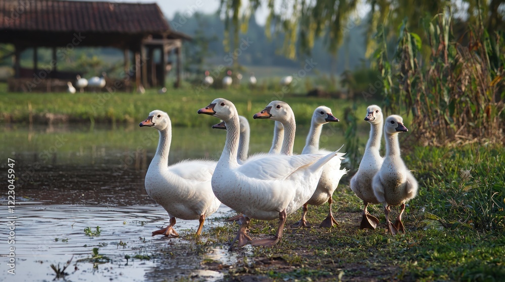 Obraz premium A family of geese with goslings waddling near a pond in the countryside.