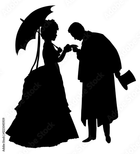 Profile silhouette of young victorian couple in which man kisses woman's hand.