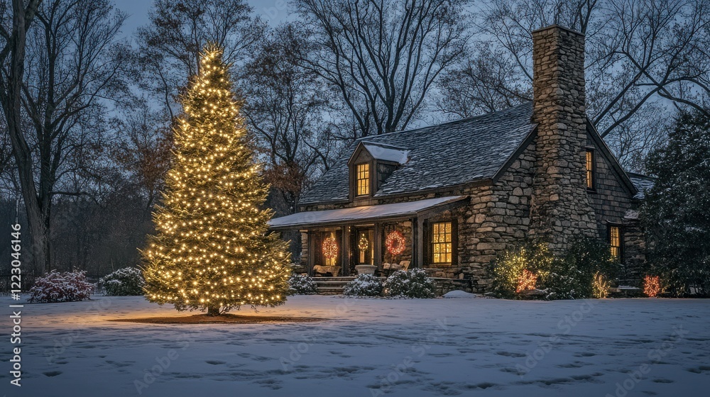 Cozy stone cabin with lit christmas tree in snowy winter landscape at dusk Cozy stone cabin with lit christmas tree in snowy winter landscape at dusk