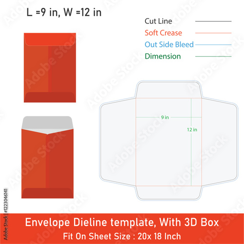 Envelope Dieline template, With 3D Box, Size 9 x 12 in, Vector File