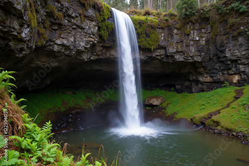 Waterfall cascading into a lush green pool surrounded by ferns and moss