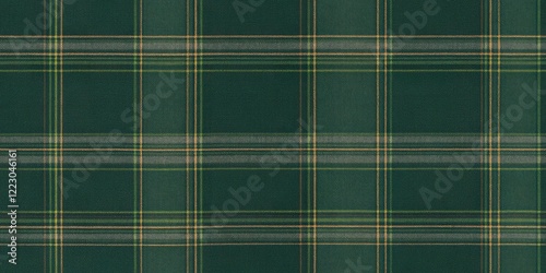 Forest Green Plaid Texture: A rich, deep forest green plaid pattern with subtle hints of gold and beige, creating a classic and sophisticated textile design. Perfect for backgrounds, patterns.