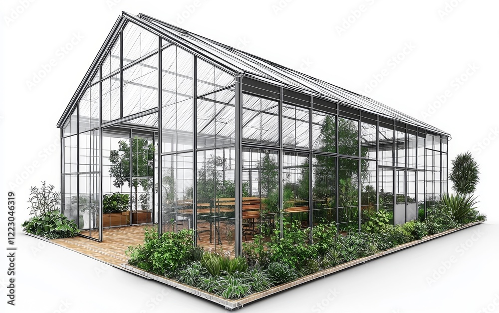 Minimalist Line Drawing of a Tranquil Greenhouse with Glass Panels and Steel Structure Minimalist Line Drawing of a Tranquil Greenhouse with Glass Panels and Steel Structure