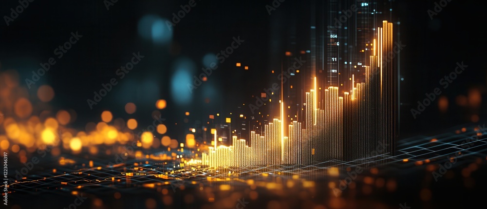 Naklejka premium concept business strategy finance execution Abstract digital landscape with glowing data visualizations and vibrant particles.