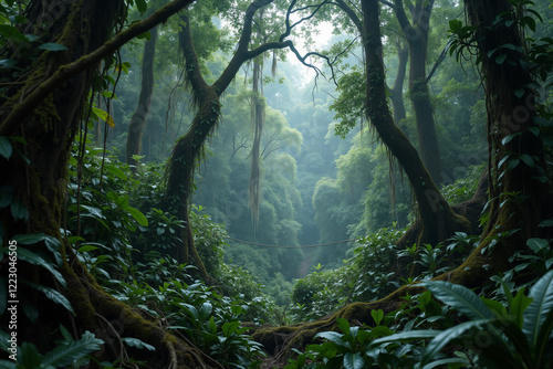Dense jungle with hanging vines and wildlife sounds